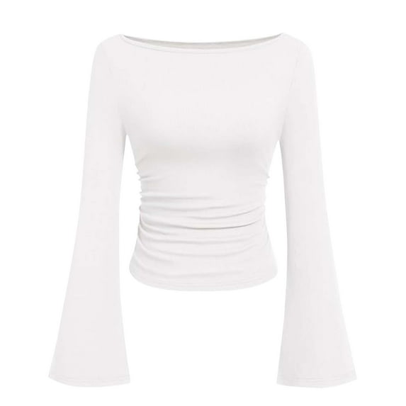 Ltctricy Crop Tops for Women Fashion Bell Long Sleeve Boat Neck Ruched Ribbed Slim T Shirts Soft Casual Tee Blouses(White,Medium)