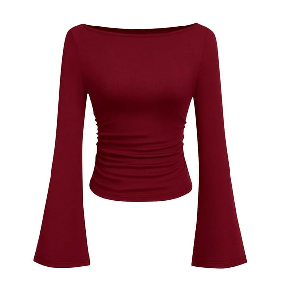 Ltctricy Crop Tops for Women Fashion Bell Long Sleeve Boat Neck Ruched Ribbed Slim T Shirts Soft Casual Tee Blouses(Wine,X-Large)