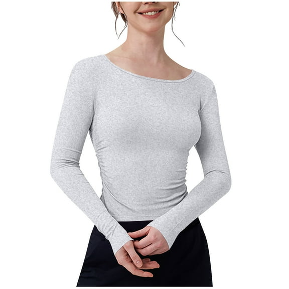 Ltctricy Crop Tops for Women Long Sleeve Crew Neck Side Ruched Slim T Shirts Soft Casual Tees Athletic Workout Shirts(Gray,Medium)