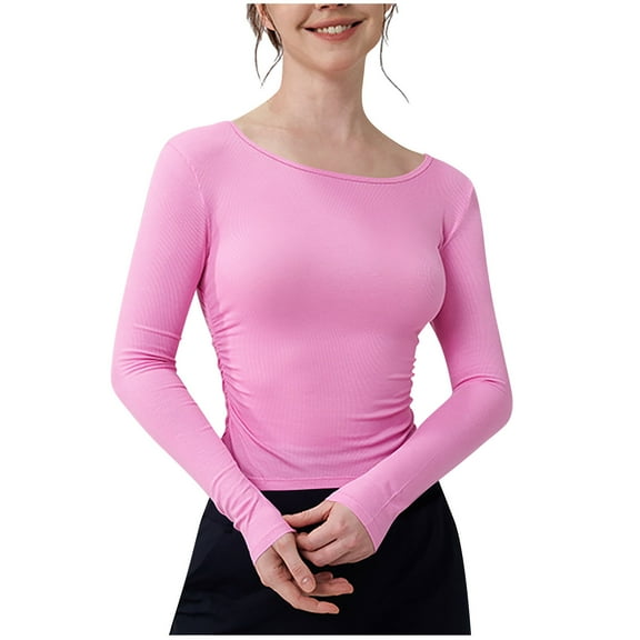 Ltctricy Crop Tops for Women Long Sleeve Crew Neck Side Ruched Slim T Shirts Soft Casual Tees Athletic Workout Shirts(Pink,Large)