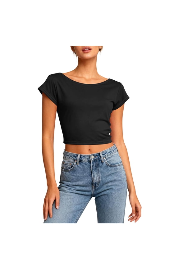 Crop Tops for Women Short Sleeve Crew Neck Backless Ruched Slim T Shirts Casual Tee Blouses Going out Tops