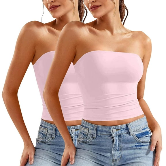 Ltctricy Crop Tube Tops for Women 2 Pc Trendy Cropped Strapless Sleeveless Slim Bandeau Shirts Summer Going out Tops