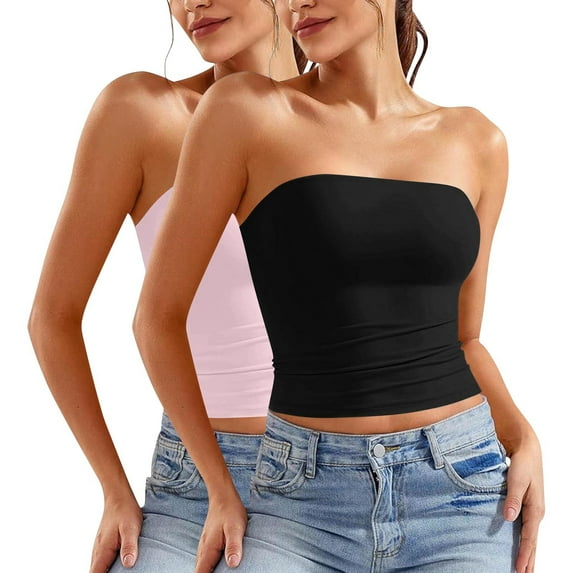 Ltctricy Crop Tube Tops for Women 2 Pc Trendy Cropped Strapless Sleeveless Slim Bandeau Shirts Summer Going out Tops