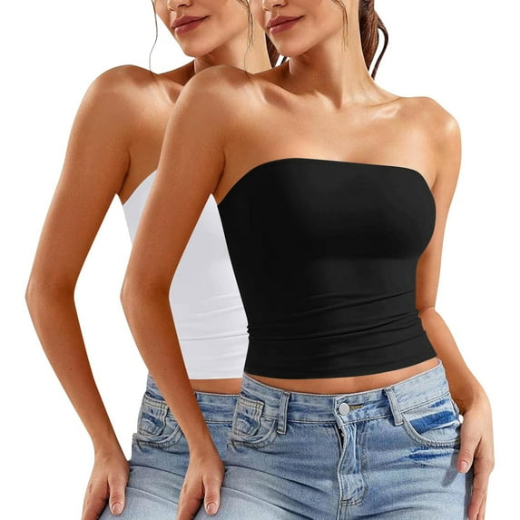 Ltctricy Crop Tube Tops for Women 2 Pc Trendy Cropped Strapless Sleeveless Slim Bandeau Shirts Summer Going out Tops