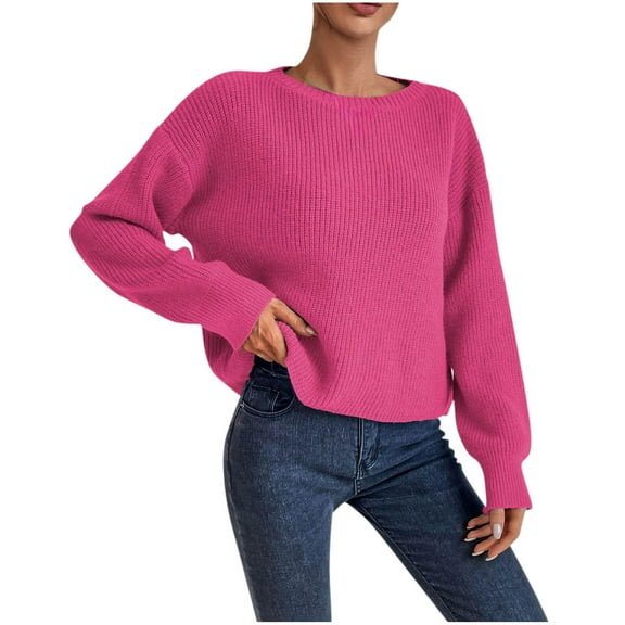 Ltctricy Cropped Sweaters for Women Casual Long Sleeve Boat Neck Chunky Knit Sweater Tops Fall Winter Pullover Sweaters(Hot Pink,Large)