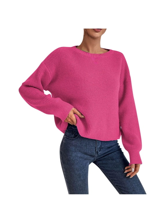 Cropped Sweaters for Women Casual Long Sleeve Boat Neck Chunky Knit Sweater Tops Fall Winter Pullover Sweaters(Hot Pink,Large)