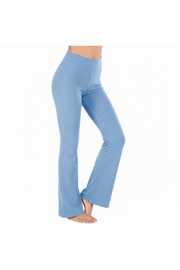 Flare Leggings for Women Ribbed Knit High Waisted Pull on Bell Bottom Workout Lounge Pants Bootcut Yoga Pants(Light Blue,Medium)