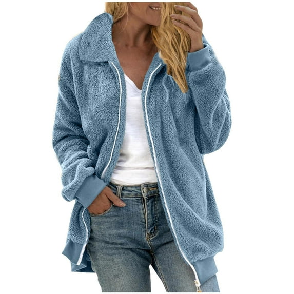 Ltctricy Fleece Jacket for Women Winter Warm Fuzzy Lapel Zip up Coat Comfy Soild Color Outerwear Fall Fashion Outfits