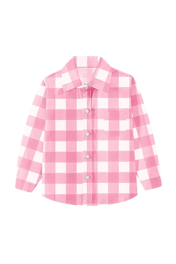 Girls Boys' Button down Shirts Unisex Baby Toddler Long Sleeve Collared Plaid Dress Shirts Casual School Tops(Pink,12-18 Months)