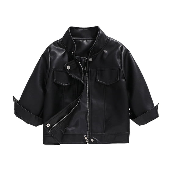 Ltctricy Girls Boys Leather Jacket Motorcycle Stand Collar Long Sleeve Tops Fall Trendy Kids Clothes Zip Up Outerwear(Black,5-6 Years)