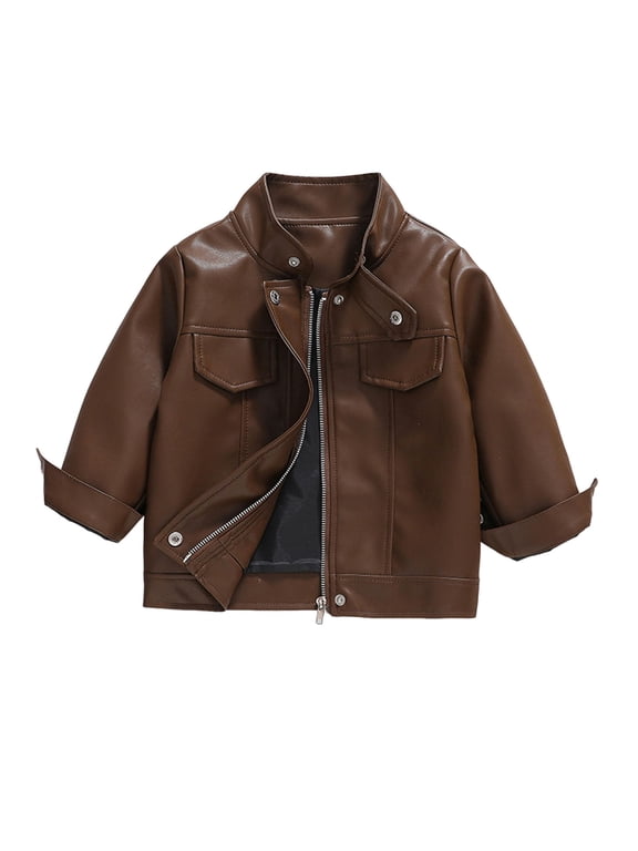 Girls Boys Leather Jacket Motorcycle Stand Collar Long Sleeve Tops Fall Trendy Kids Clothes Zip Up Outerwear(Brown,3-4 Years)