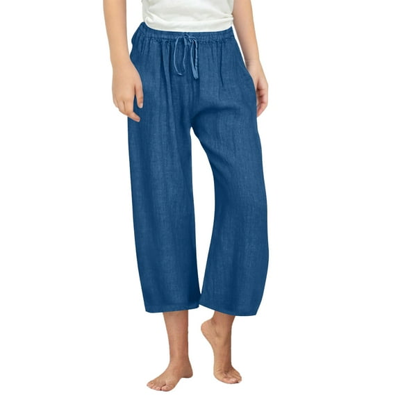 Ltctricy Girls' Capri Casual Pants Elastic Waist Drawstring Cropped Wide Leg Pants Loose Beach Trousers with Pockets(Blue,14-15 Years)
