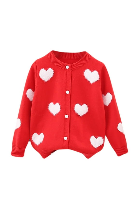 Girls' Cardigan Sweaters Soft Casual Long Sleeve Crew Neck Heart Button down Sweaters Knit Outwear Coats(Red,7-8 Years)