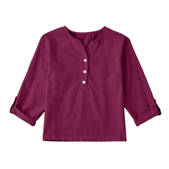 Ltctricy Girls' Cotton Linen Tops Children Long Sleeve V Neck Half Button Solid Color Henley T Shirts Casual Tee Blouses(Hot Pink,5-6 Years)