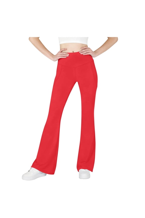 Girls' Flare Leggings High Waisted Stretchy Bell Bottom Dance Yoga Pants Bootcut Casual Activewear Pants with Pockets(Red,12-13 Years)