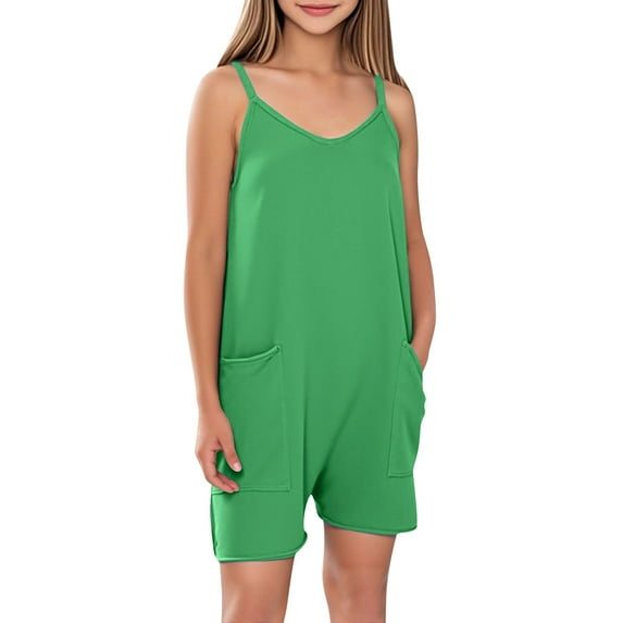 Ltctricy Girls' Jumpsuits Casual Sleeveless V Neck Spaghetti Strap Loose Short Rompers with Pockets Children Summer Clothes