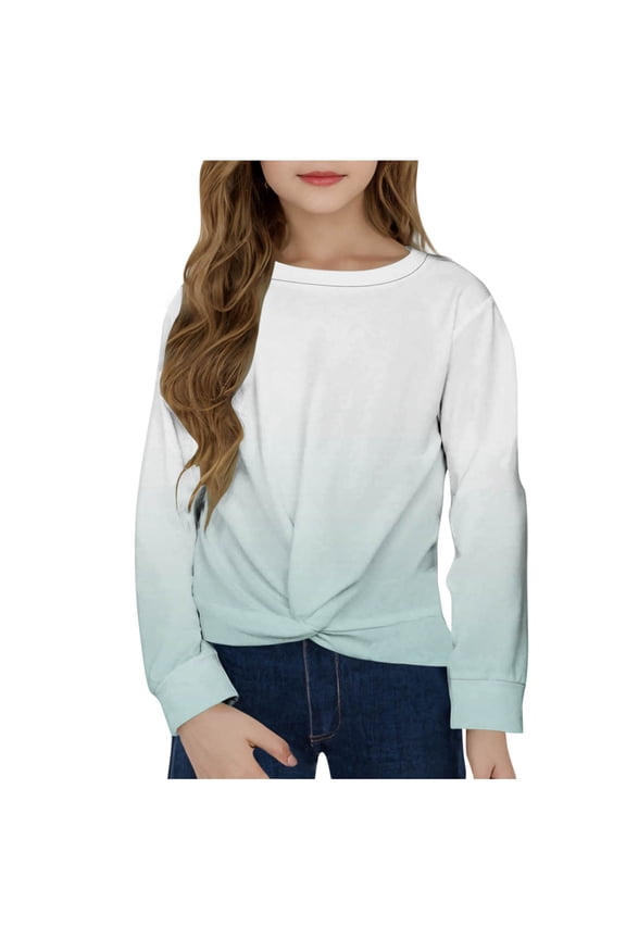 Girls' Long Sleeve Shirts Casual Crew Neck Tie Knot Front Gradient Crop Tops Lightweight Pullover Sweatshirts