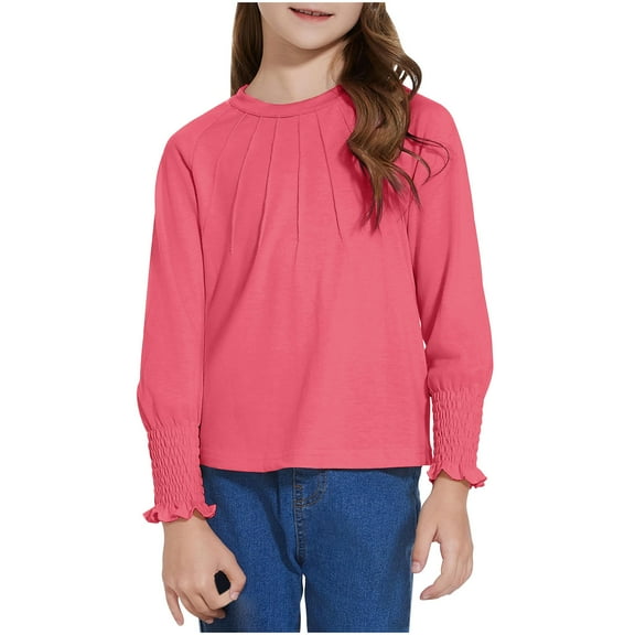 Ltctricy Girls' Long Sleeve Shirts Fashion Crew Neck Pleated Front Dressy Casual Blouses 4-14 Y Tunic Tops