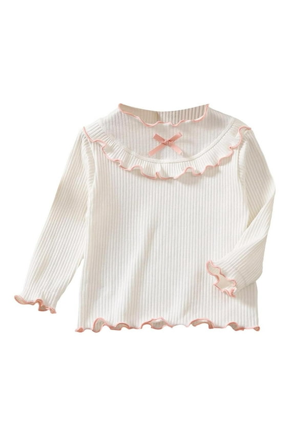 Girls' Long Sleeve Shirts Toddler Baby Ruffle Trim Mock Neck Ribbed Cotton T Shirts Soft Tee Blouses Infant Newborn Clothes(White,12-18 Months)
