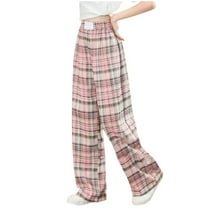 Ltctricy Girls' Paid Pants Children Cotton Elastic High Waisted Wide Leg Pants Baggy Casual Trousers with Pockets(Pink,12-13 Years)