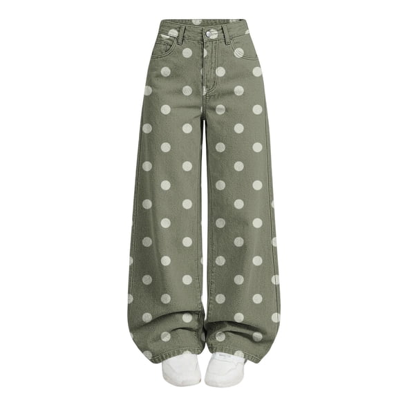 Ltctricy Girls Pants Polka Dot Wide Leg Trousers with Pockets High Waisted Kids Pants Fall Casual Streetwear(Army Green,11-12 Years)