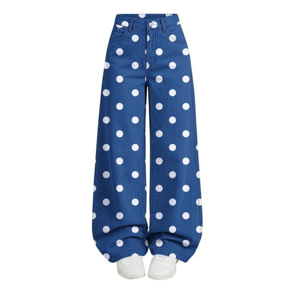 Ltctricy Girls Pants Polka Dot Wide Leg Trousers with Pockets High Waisted Kids Pants Fall Casual Streetwear(Blue,13-14 Years)