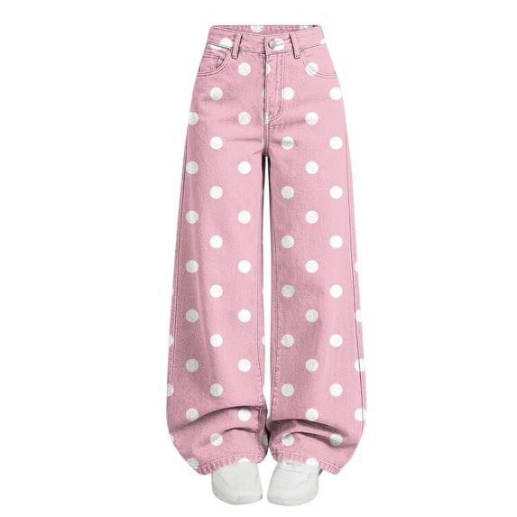 Ltctricy Girls Pants Polka Dot Wide Leg Trousers with Pockets High Waisted Kids Pants Fall Casual Streetwear(Pink,13-14 Years)
