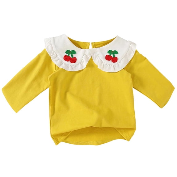 Ltctricy Girls' Ruffle Long Sleeve Shirts Toddler Baby Crew Neck Collared Embroidered T-Shirts Soft Cotton Tee Tops(Yellow,2-3 Years)