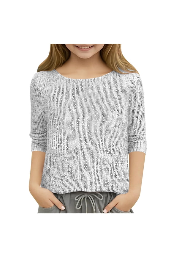 Girls' Sequin Tops Long Sleeve Crew Neck Sparkly Glitter T-Shirts Performance Party Tee Blouses for Children(Silver,5-6 Years)