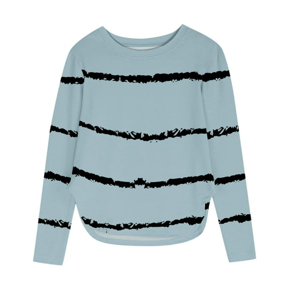 Ltctricy Girls' T Shirts Long Sleeve Crew Neck Side Split Curved Hem Striped Tunic Tops Soft Casual Tee Blouses 3-12 Y(Light Blue,5-6 Years)