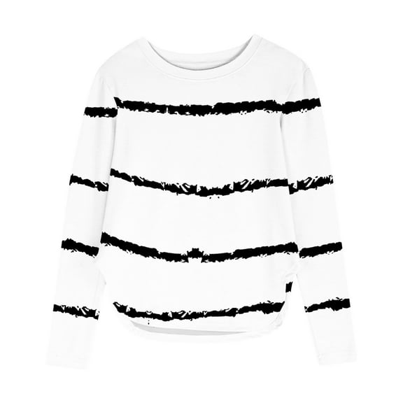 Ltctricy Girls' T Shirts Long Sleeve Crew Neck Side Split Curved Hem Striped Tunic Tops Soft Casual Tee Blouses 3-12 Y(White,5-6 Years)