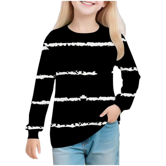 Ltctricy Girls' T Shirts Long Sleeve Crew Neck Striped Tunic Tops Soft Casual Tee Blouses for Children 5-14 Years(Black,11-12 Years)