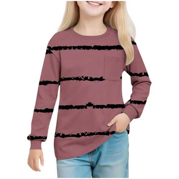 Ltctricy Girls' T Shirts Long Sleeve Crew Neck Striped Tunic Tops Soft Casual Tee Blouses for Children 5-14 Years(Red,5-6 Years)