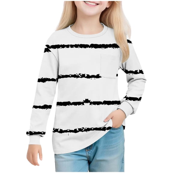 Ltctricy Girls' T Shirts Long Sleeve Crew Neck Striped Tunic Tops Soft Casual Tee Blouses for Children 5-14 Years(White,13-14 Years)