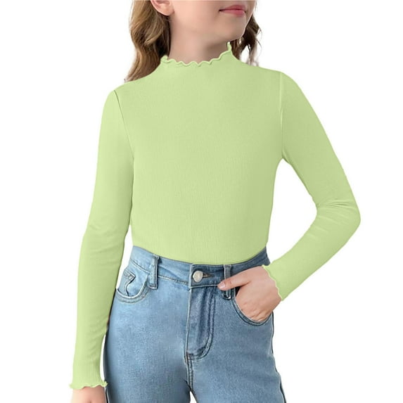 Ltctricy Girls' T Shirts Toddler Baby Cotton Long Sleeve Mock Neck Ruffle Trim Slim Base Layer Tops Soft Casual Undershirts(Green,10-11 Years)