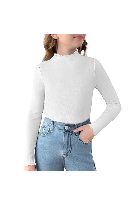 Girls' T Shirts Toddler Baby Cotton Long Sleeve Mock Neck Ruffle Trim Slim Base Layer Tops Soft Casual Undershirts(White,2-3 Years)