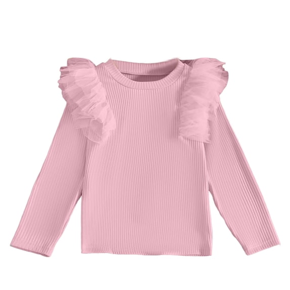 Ltctricy Girls' T Shirts Toddler Ruffle Mesh Long Sleeve Crew Neck Ribbed Knit Tee Tops Soft Tee Blouses 2-8 Years(Pink,7-8 Years)