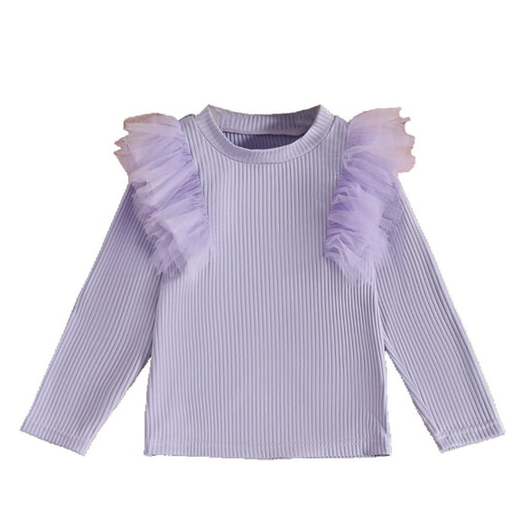 Ltctricy Girls' T Shirts Toddler Ruffle Mesh Long Sleeve Crew Neck Ribbed Knit Tee Tops Soft Tee Blouses 2-8 Years(Purple,6-7 Years)
