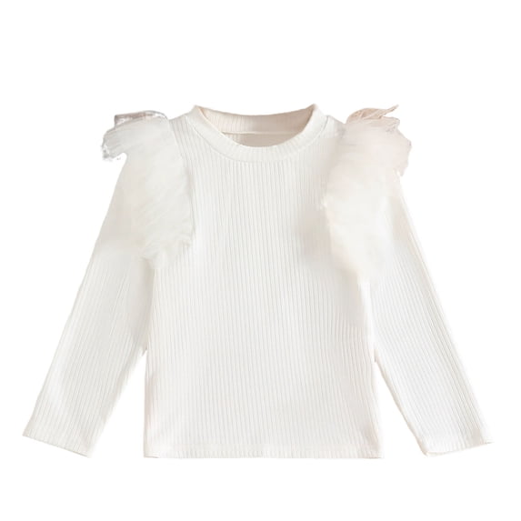 Ltctricy Girls' T Shirts Toddler Ruffle Mesh Long Sleeve Crew Neck Ribbed Knit Tee Tops Soft Tee Blouses 2-8 Years(White,2-3 Years)
