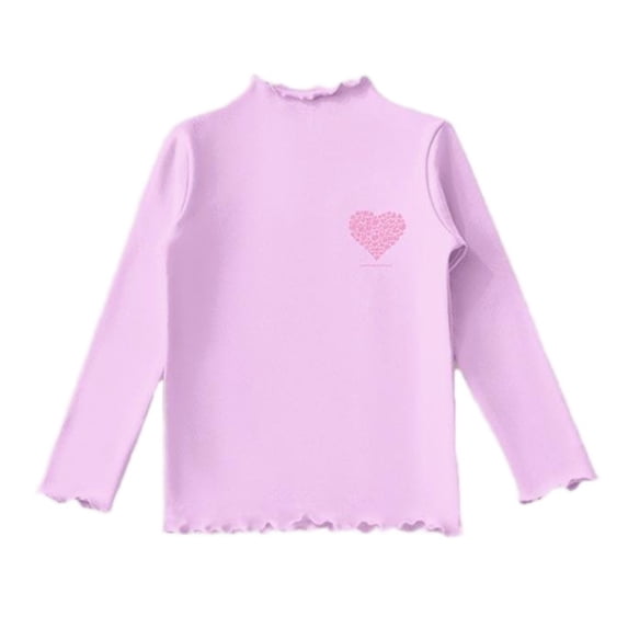 Ltctricy Girls' Thermal T-Shirts Children Fleece Warm Long Sleeve Mock Neck Ruffle Trim Printed Base Layer Tops Basic Tee Blouses 0-13 Y(Purple,9-10 Years)