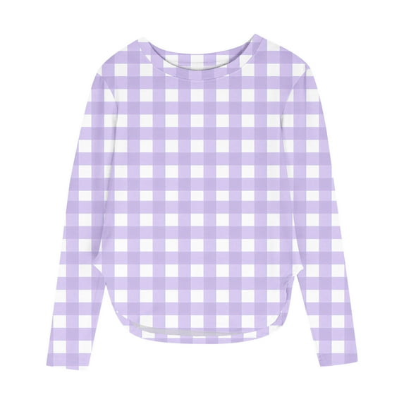 Ltctricy Girls' Tunic Tops Long Sleeve Crew Neck Curved Hem Plaid T-Shirts Soft Casual Tee Blouses for Children 3-12 Y(Purple,4-5 Years)