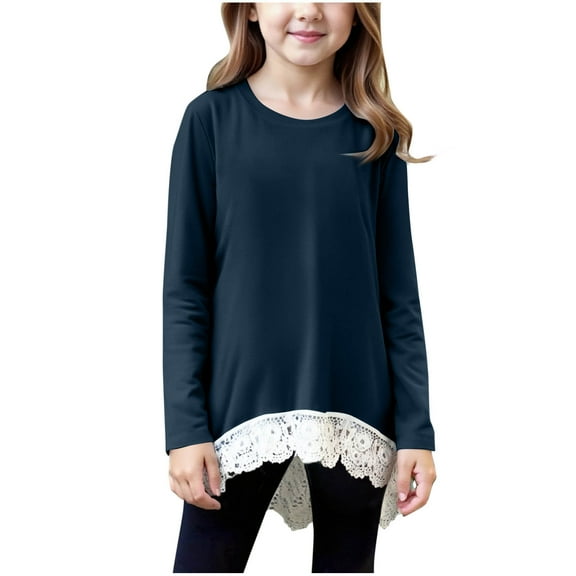 Ltctricy Girls' Tunic Tops Soft Casual Long Sleeve Crew Neck Lace High Low Hem Oversized T Shirts Loose Tee Blouses(Navy,8-9 Years)