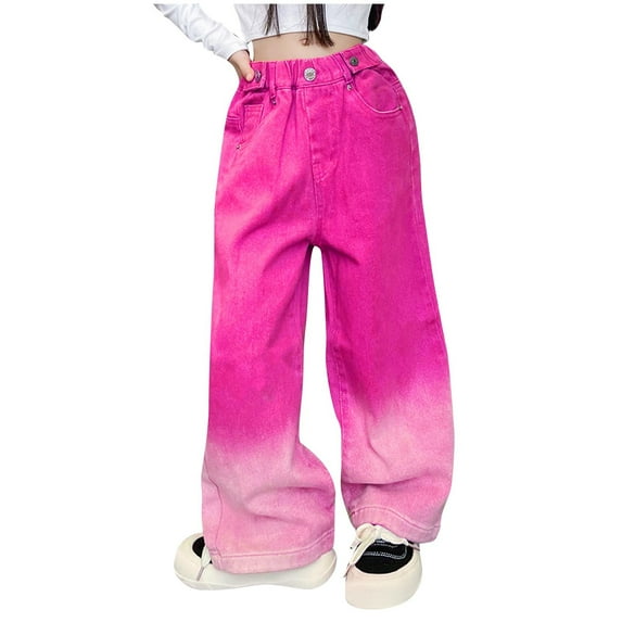 Ltctricy Girls' Wide Leg Jeans Baggy High Rise Elastic Gradient Palazzo Denim Pants Trendy Casual Trousers for 5-16 Years