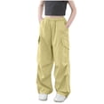 thumbnail image 1 of Ltctricy Girls' Wide Leg Pants Children Elastic High Waisted Drawstring Pleated Cargo Pants Baggy Casual Trousers with Pockets(Yellow,12-13 Years), 1 of 4