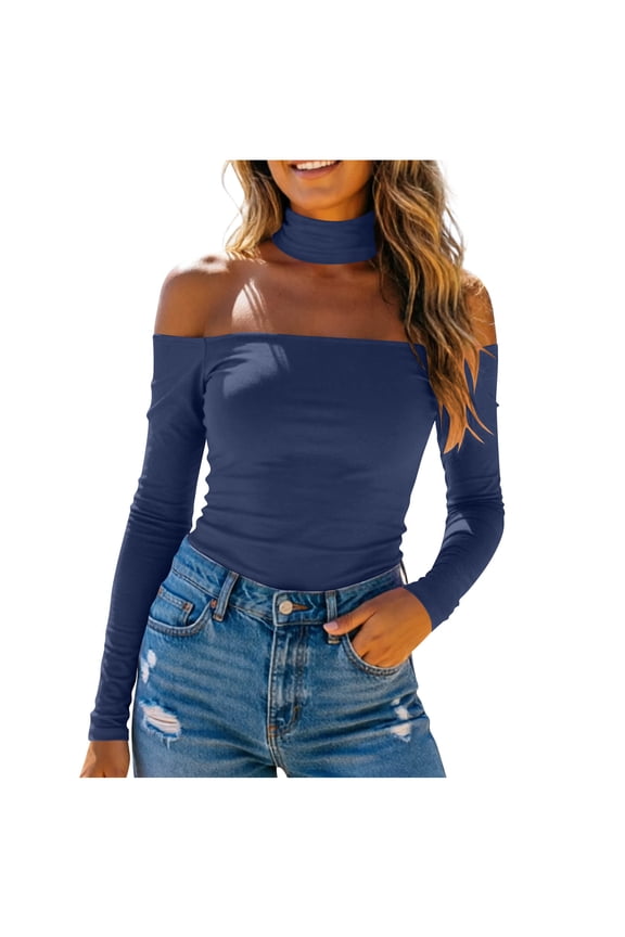 Going Out Tops for Women Off Shoulder Long Sleeve Blouses with Scarf Slim Fit Shirts Built-in Bra