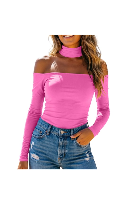 Going Out Tops for Women Off Shoulder Long Sleeve Blouses with Scarf Slim Fit Shirts Built-in Bra