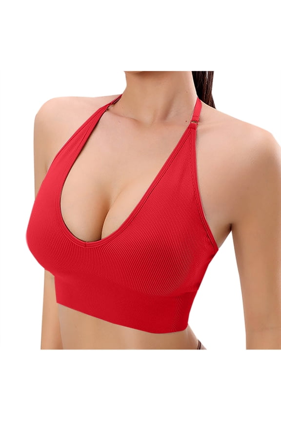 Halter Bras for Women Deep V Neck Adjustable Strap Ribbed Seamless Low Impact Sports Bras Wokout Yoga Bralette