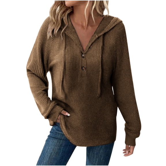 Ltctricy Hoodies for Women Fall Fashion Long Sleeve Half Button Drawstring Ribbed Knit Tunic Sweatshirts Casual Pullover Tops(Brown,XX-Large)