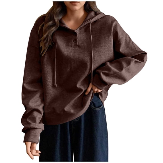 Ltctricy Hoodies for Women Fall Fashion Long Sleeve Quarter Button Drawstring Hooded Sweatshirts Loose Casual Pullover Tops(Brown,Medium)