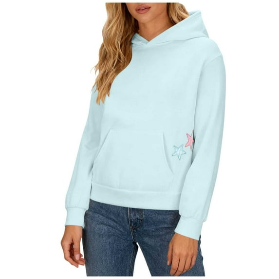 Ltctricy Hoodies for Women Soft Casual Long Sleeve Embroidered Hooded Sweatshirts Pullover Sweater Tops with Pockets(Light Blue,Large)